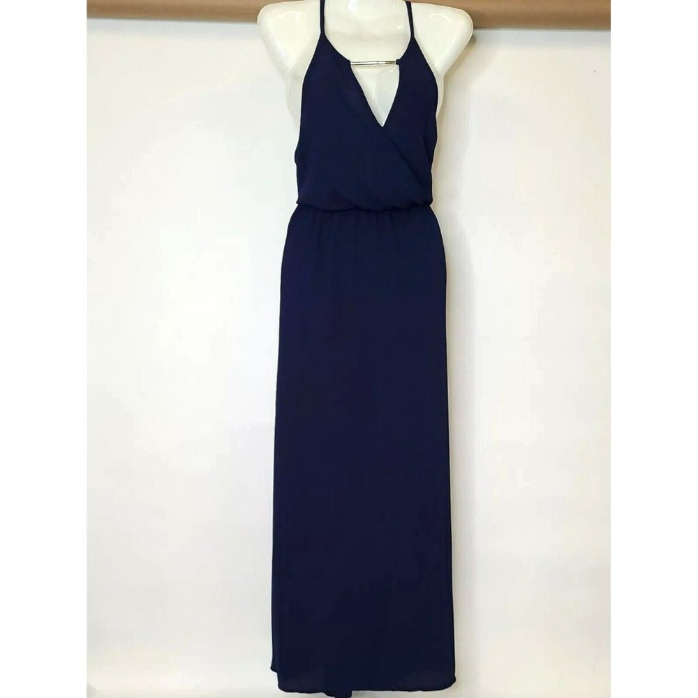 NWT Minette Sz SM Chiffon Navy Blue Blouson Midi Dress Flowy Deep V Made in USA